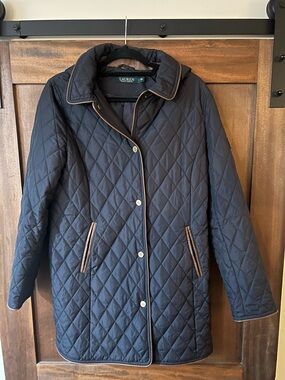Ralph Lauren Navy Quilted Coat with Brown Trim